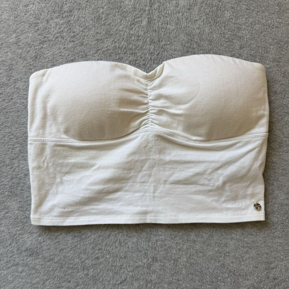 Guess White Strapless Ruched Bandeau Crop Top